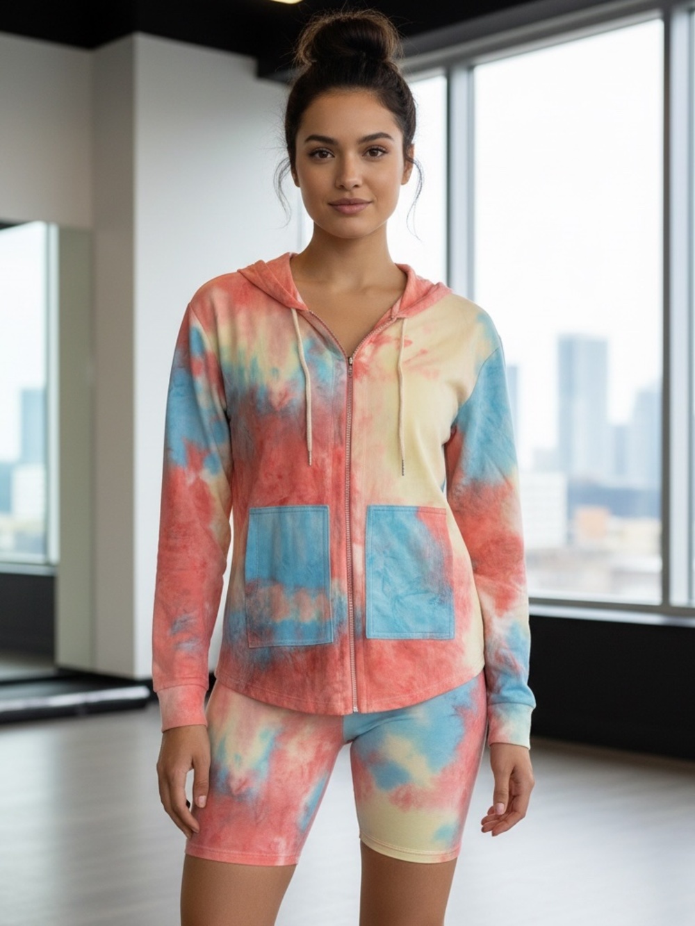 Rose Velvet Pastel Tie-Dye Hoodie & Biker Shorts Matching Lounge Set